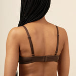 Back side of the Women's V Neck Bra in Toffee on a model wearing matching thong 