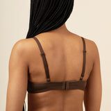 Back side of the Women's V Neck Bra in Toffee on a model wearing matching thong 