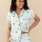 Model wearing Women's Short Sleeve Pajama Set in Dew Surf