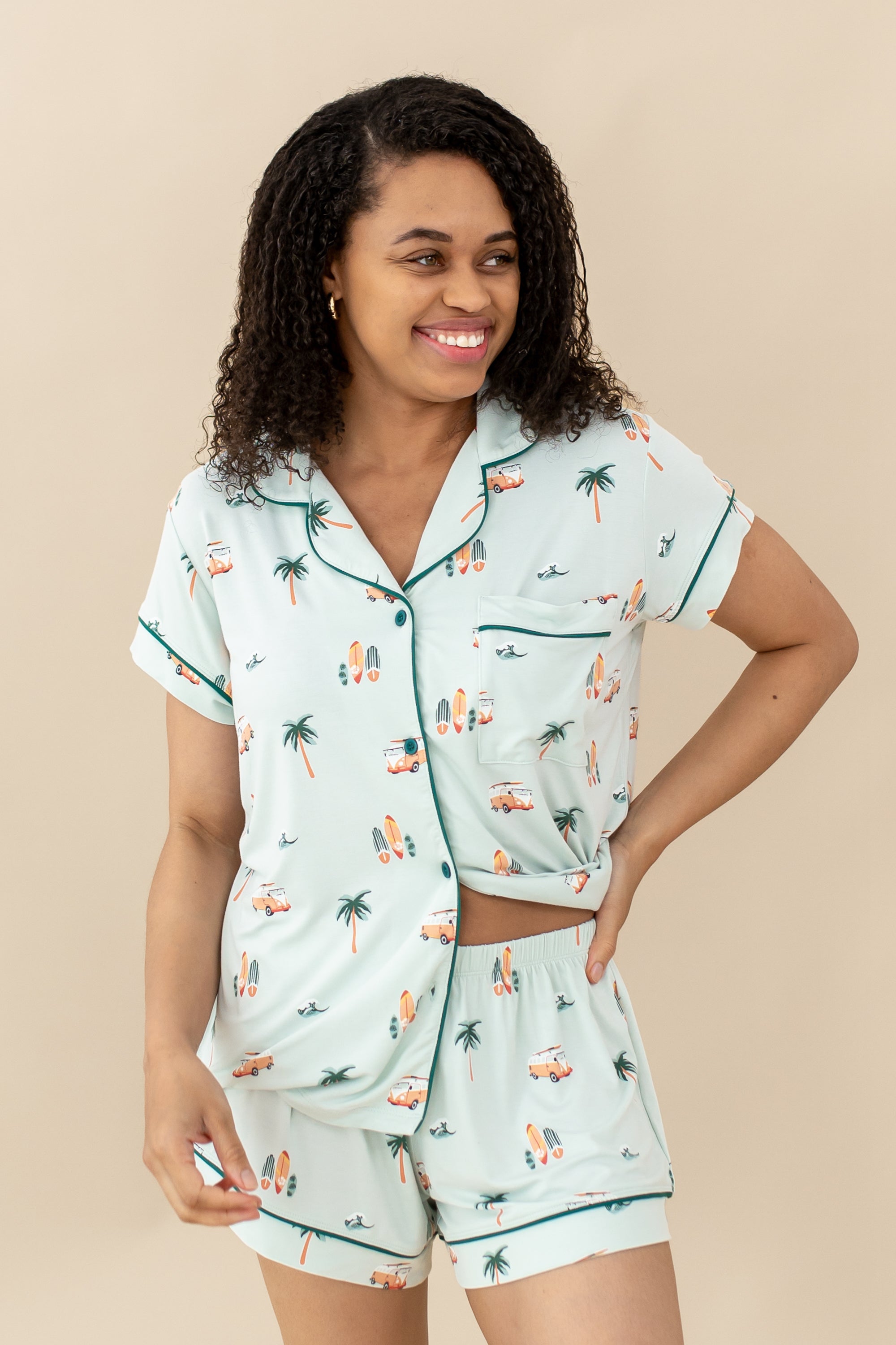 Model wearing Women's Short Sleeve Pajama Set in Dew Surf