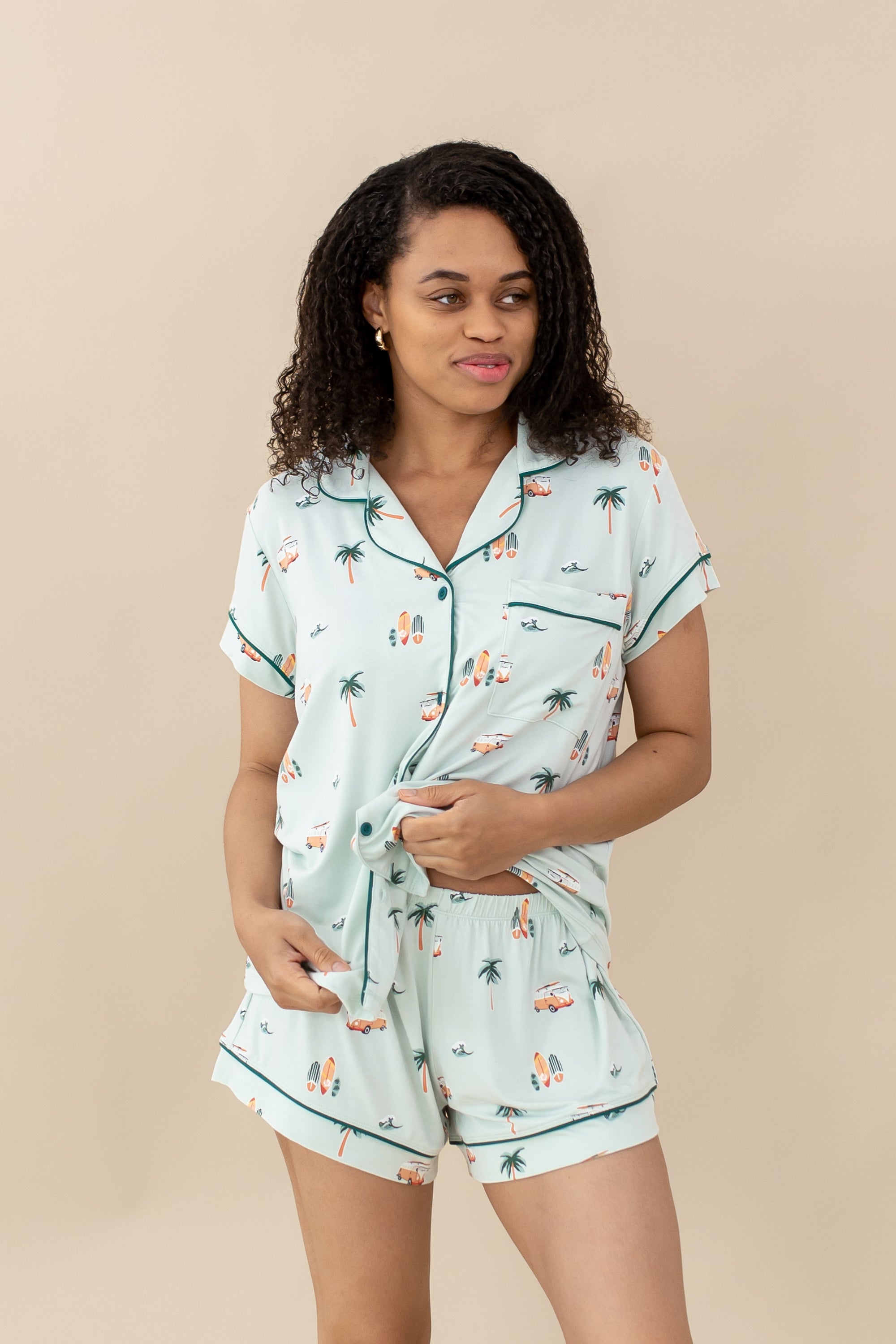 Model wearing Women's Short Sleeve Pajama Set in Dew Surf