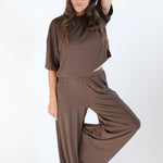Model wearing the Women's Short Sleeve Tee in Espresso paired with the matching Wide Leg pants