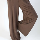 Close up of the Women's Wide Leg Pant in Espresso with one leg up
