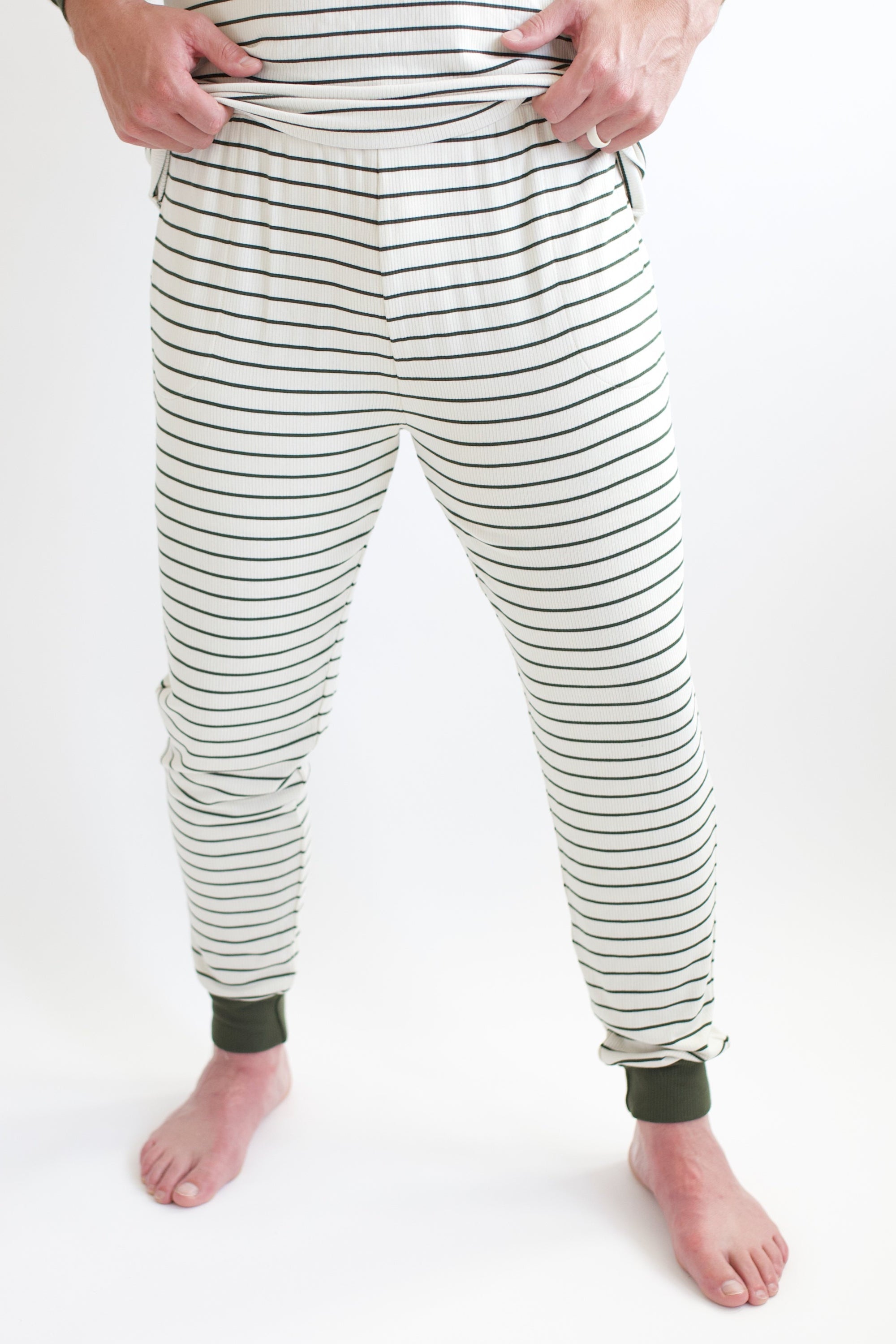 Bottoms of the Men's Ribbed Henley Set in Fir Stripe shown on a male model
