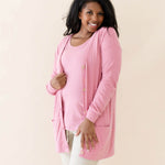 Female modeling the Bamboo Jersey Adult Cardigan in Apple Blossom paired with an Apple Blossom top and Oat pants
