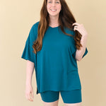 Female modeling Kyte Baby's Women’s Biker Short Set in Loch