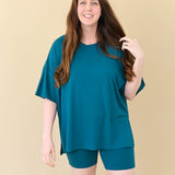 Female modeling Kyte Baby's Women’s Biker Short Set in Loch