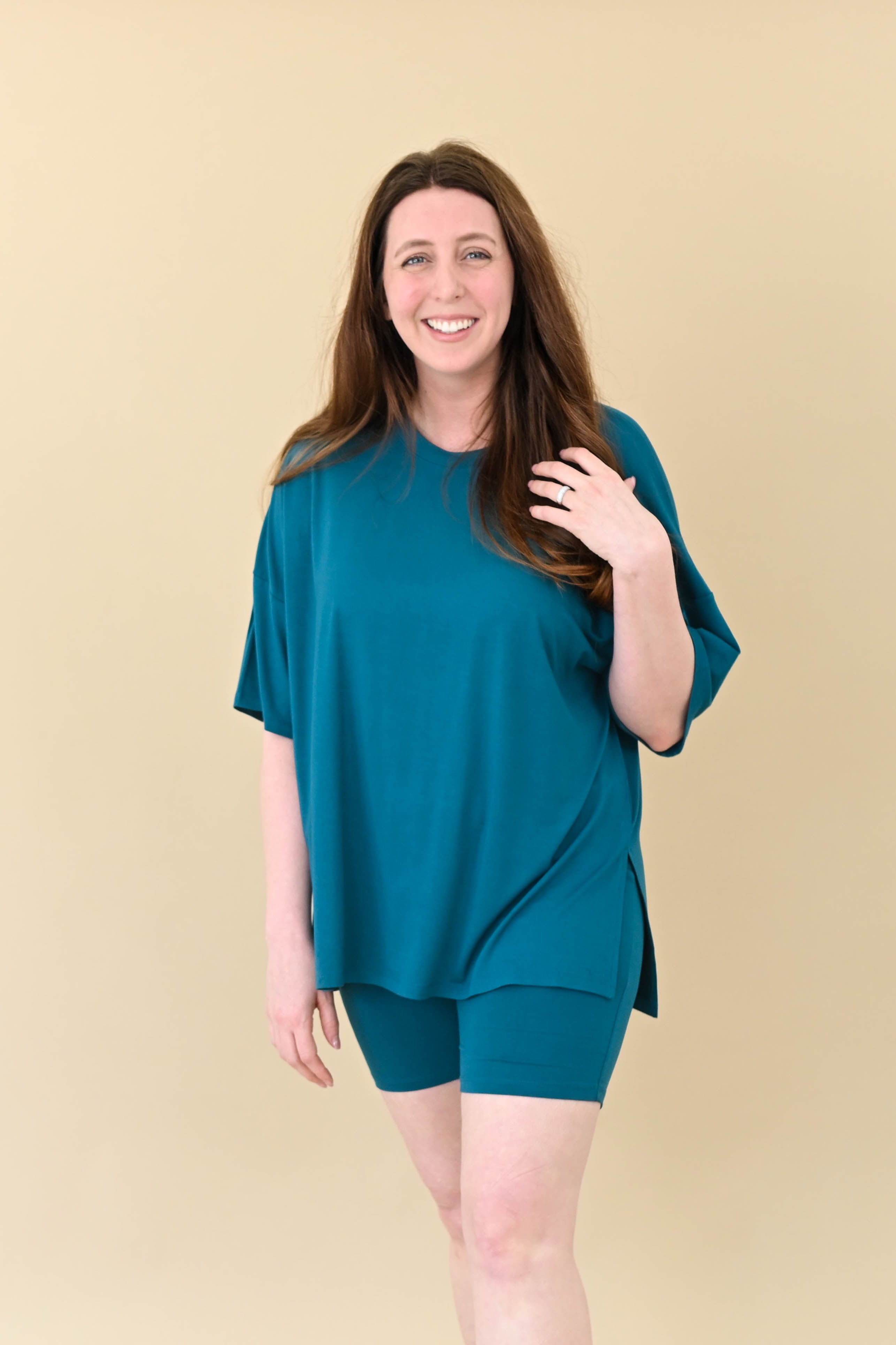 Female modeling the front view of the Women’s Biker Short Set in Loch