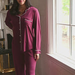 Woman modeling a burgundy long sleeve pajama set