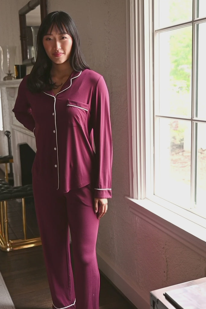 Woman modeling a burgundy long sleeve pajama set