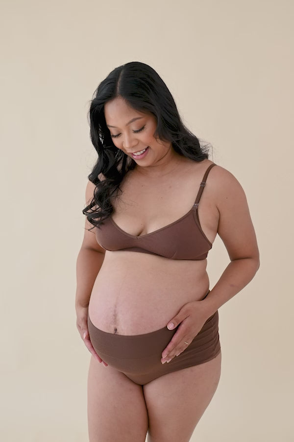 video of pregnant woman modeling toffee nursing bra 