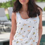 Models posing wearing Kyte Women's  tank set in Amalfi Coast print by the pool

::: Model is 5'2" wearing size S ///