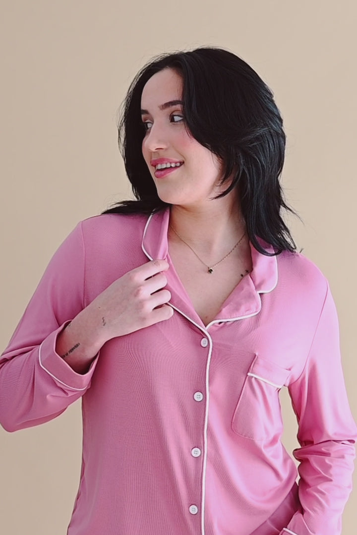 Video Woman modeling the Long-Sleeved Women's Pajama Set in Apple Blossom  