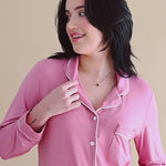 Video Woman modeling the Long-Sleeved Women's Pajama Set in Apple Blossom  ::: Model is 5'6" wearing size M ///