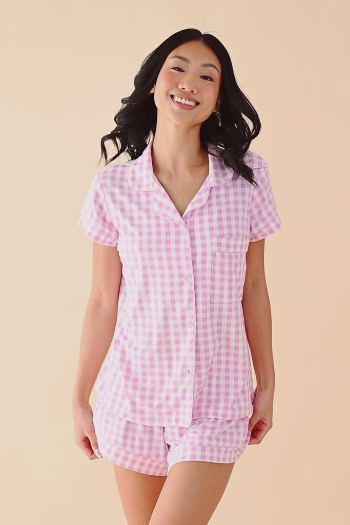 Model wearing gingham purple short sleeve pajama set ::: Model is 5'6" wearing size XS ///