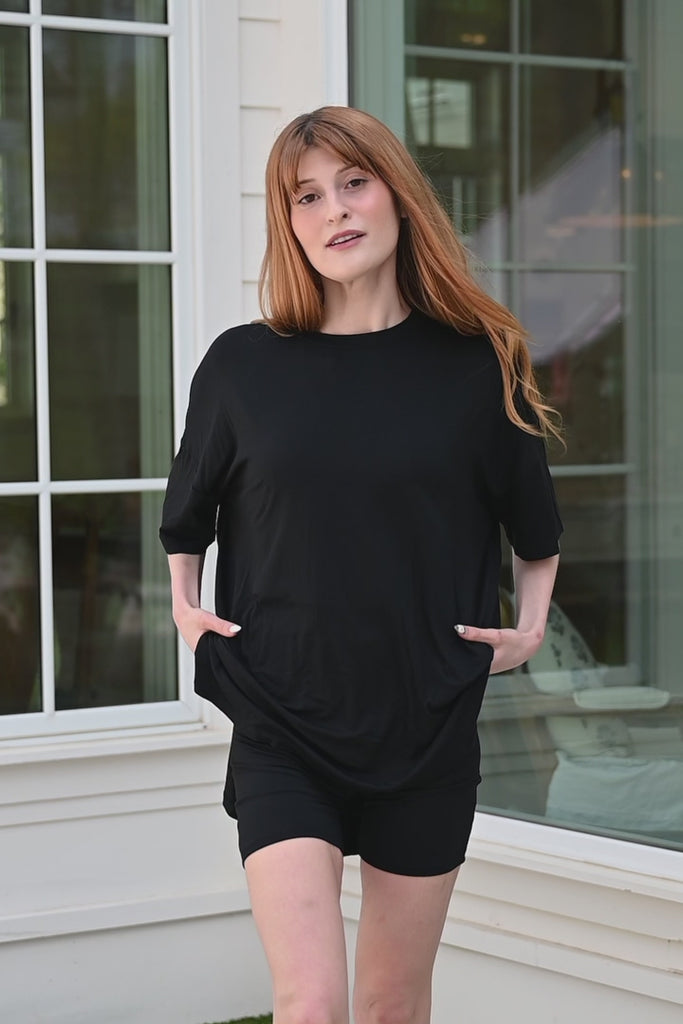 Video of model in black biker short set ::: Model is 5'6" wearing size S ///