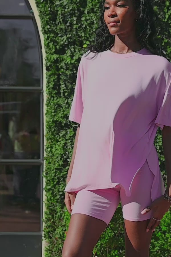 Women modeling the Kyte Bamboo Women’s Biker Short Set in Thistle
 ::: Model is 5'9" wearing size S ///