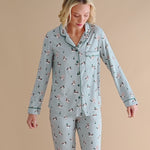Model wearing long sleeve blue pajamas with a duck pattern ::: Model is 5'9" wearing size S ///
