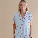 Model wearing short sleeve light blue pajama set with a Mahjong tile pattern ::: Model is 5'9" wearing size S ///