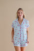 Model wearing short sleeve light blue pajama set with a Mahjong tile pattern ::: Model is 5'9" wearing size S ///