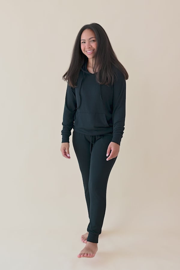 Video of woman modeling Women's Ribbed Hoodie in Midnight