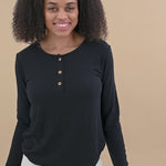Video of woman modeling Women's Ribbed Henley Top in Midnight