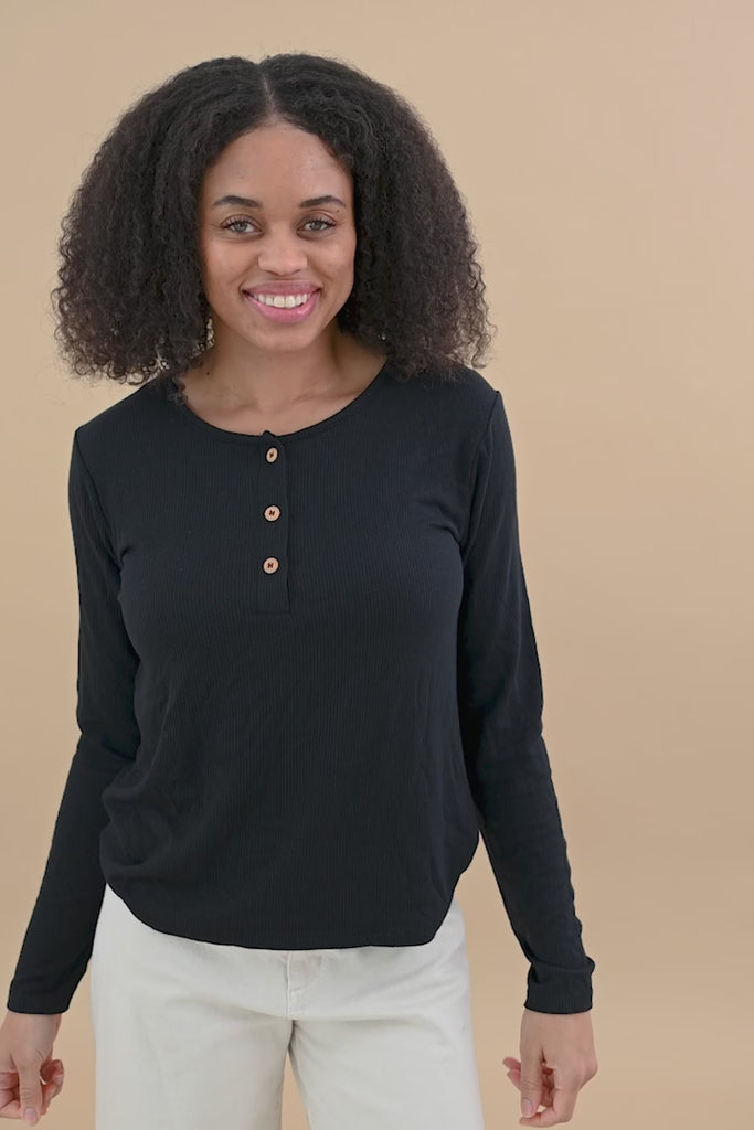 Video of woman modeling Women's Ribbed Henley Top in Midnight