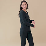 Video of woman modeling Women's Ribbed Jogger Pant in Midnight and Ribbed Henley Tee