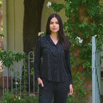 Video of woman modeling Long-Sleeved Women's Pajama Set in Midnight Leopard outdoors  ::: Model is 5'10" wearing size S ///