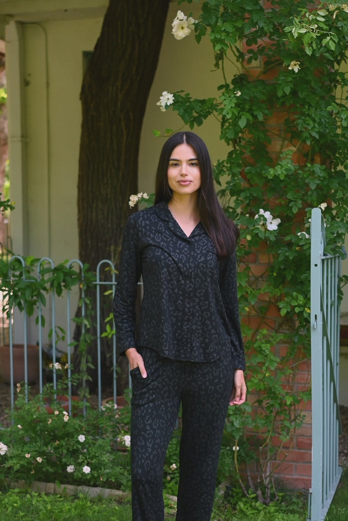 Video of woman modeling Long-Sleeved Women's Pajama Set in Midnight Leopard outdoors  ::: Model is 5'10" wearing size S ///