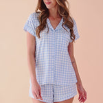 Woman modeling gingham blue pajama set ::: Model is 5'11" wearing size S ///