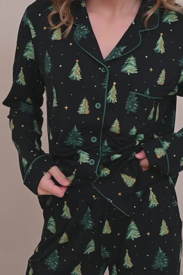 Woman modeling a christmas tree printed long sleeve pajama set 
