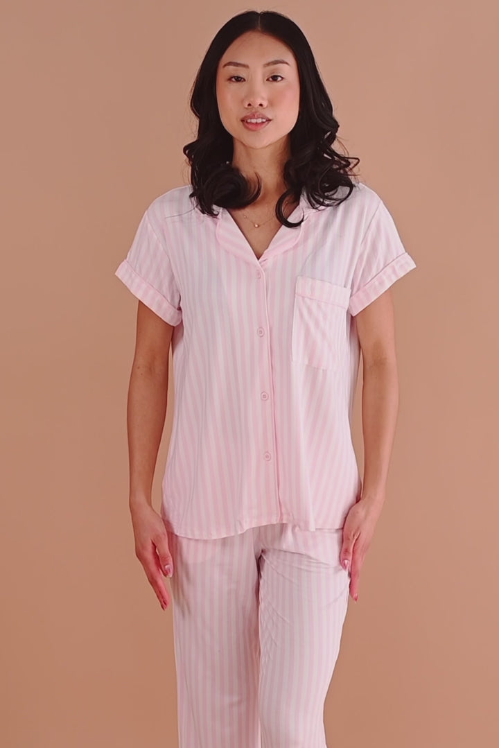Modeling pink striped short sleeve cropped pajama set 