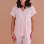 Modeling pink striped short sleeve cropped pajama set ::: Model is 5'6" wearing size XS ///
