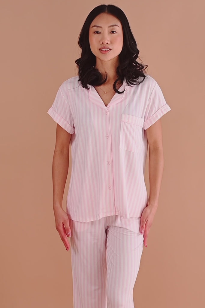 Modeling pink striped short sleeve cropped pajama set ::: Model is 5'6" wearing size XS ///
