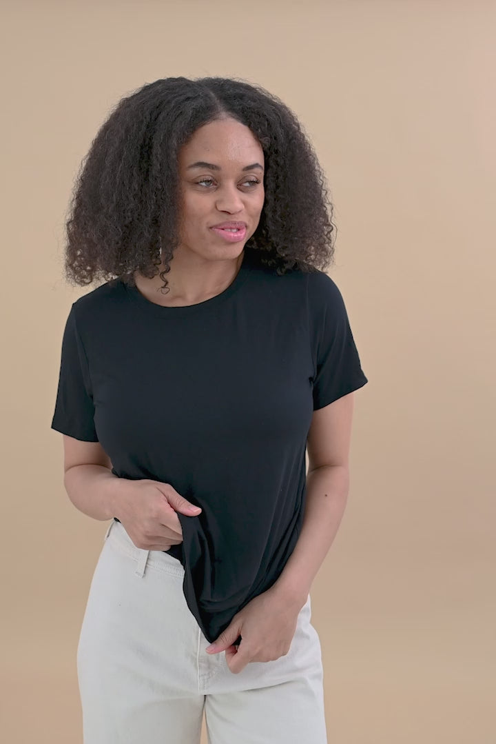 Video of woman modeling Women's Crew Neck Tee in Midnight
