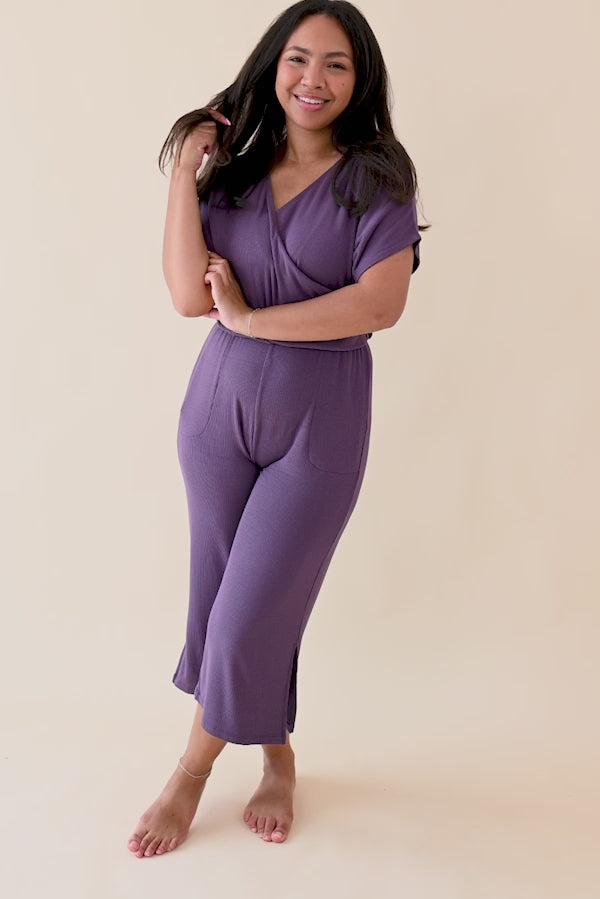 Video of woman modeling Women's Ribbed Jumpsuit in Currant