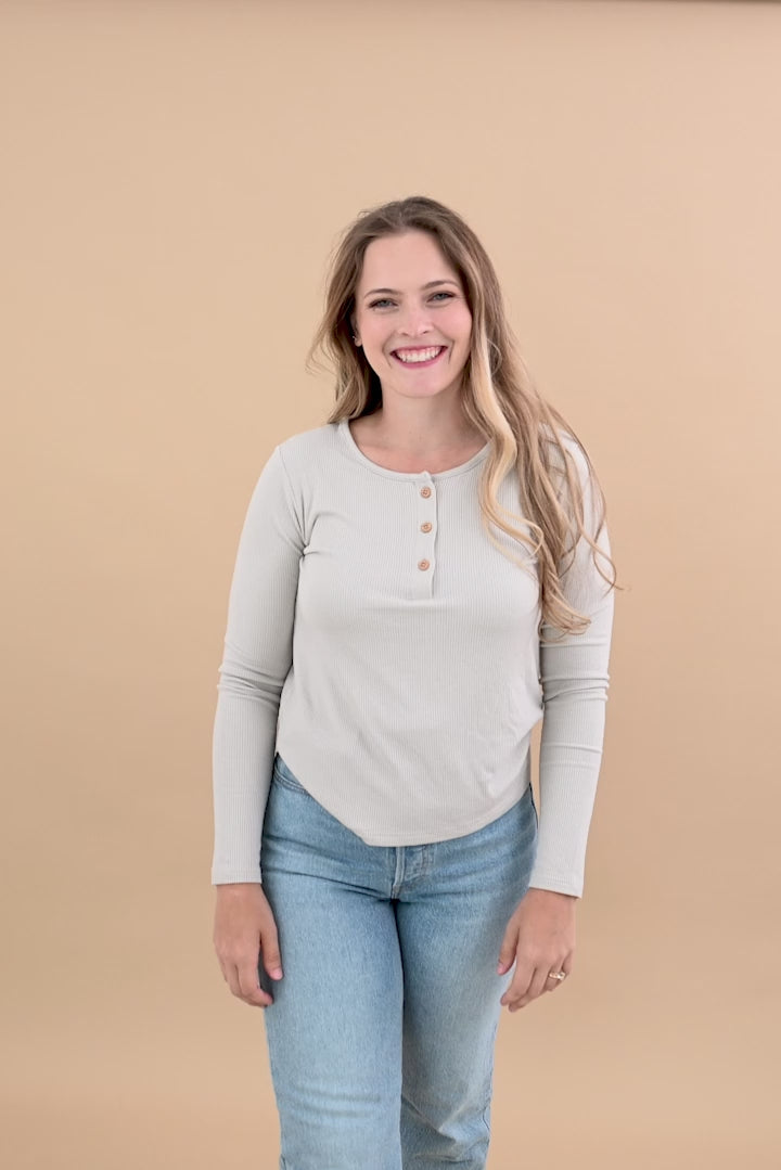 Video of woman modeling Women's Ribbed Henley Top in Oat
