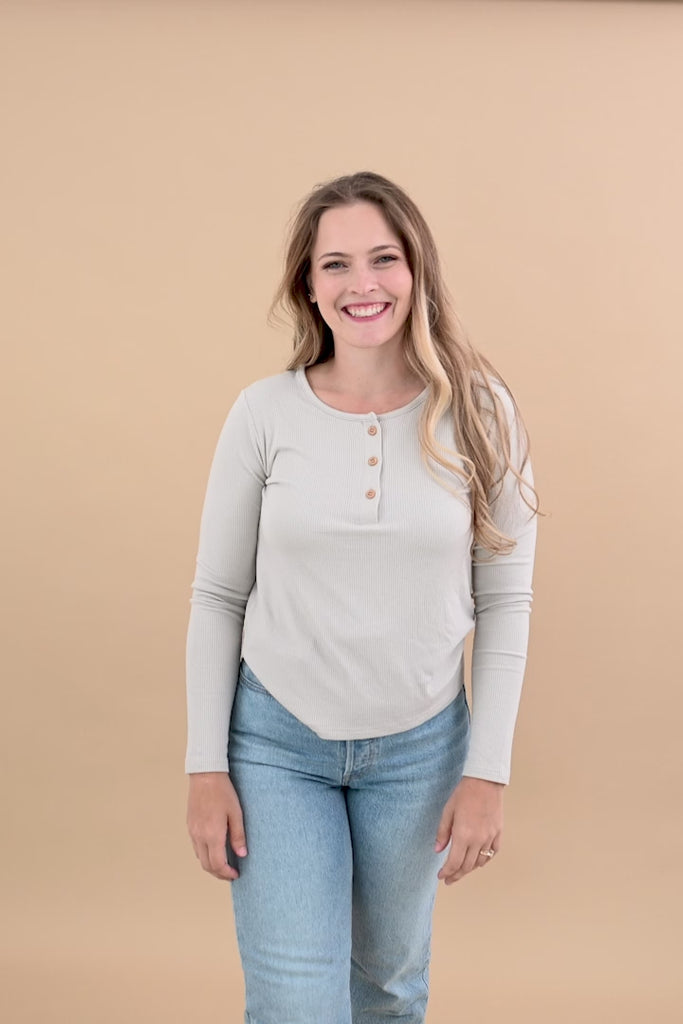 Video of woman modeling Women's Ribbed Henley Top in Oat