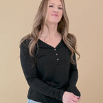 Video of woman modeling Women's Long Sleeve Henley Tee in Midnight