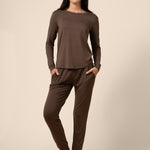 Woman wearing a dark brown jogger pajama set ::: Model is 5'9" wearing size S ///
