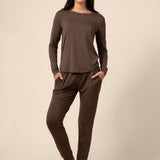 Woman wearing a dark brown jogger pajama set ::: Model is 5'9" wearing size S ///
