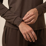 Close up on brown long sleeve pajama top