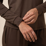 Close up on brown long sleeve pajama top
