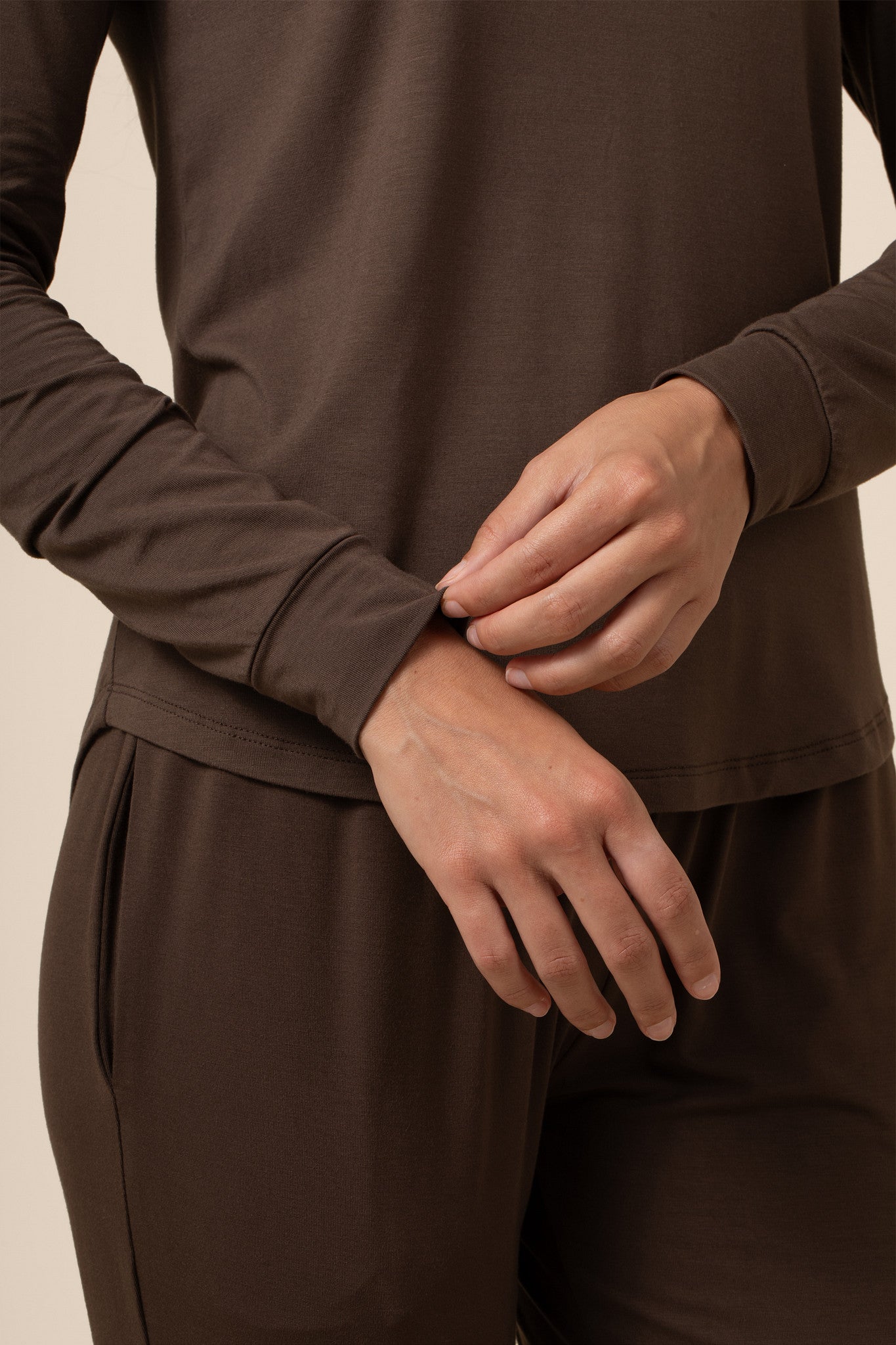 Close up on brown long sleeve pajama top